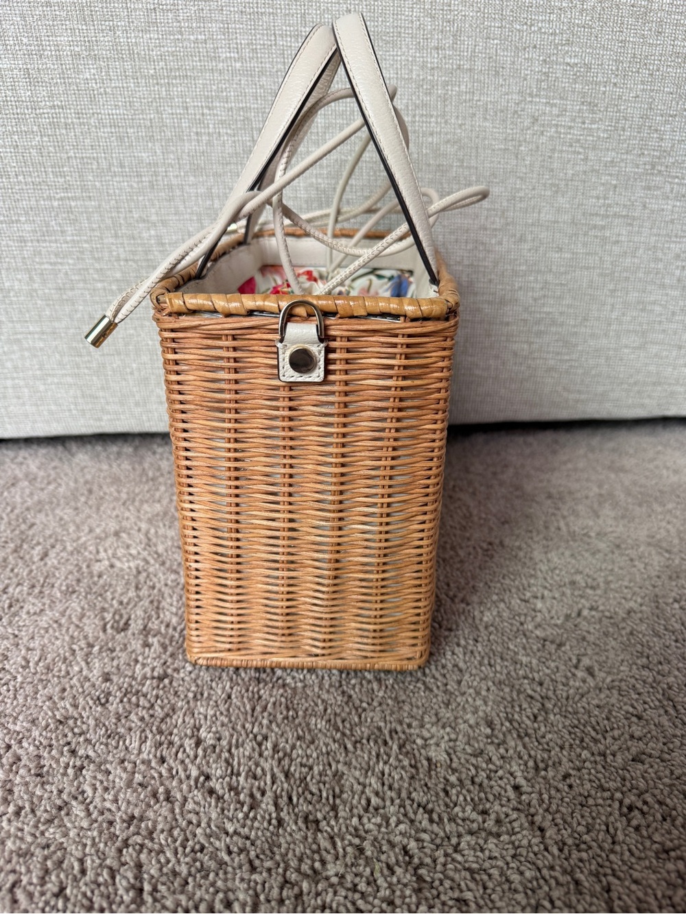 Kate Spade NY Woven Wicker bucket satchel bag floral canvas drawstring liner - Picture 5 of 16
